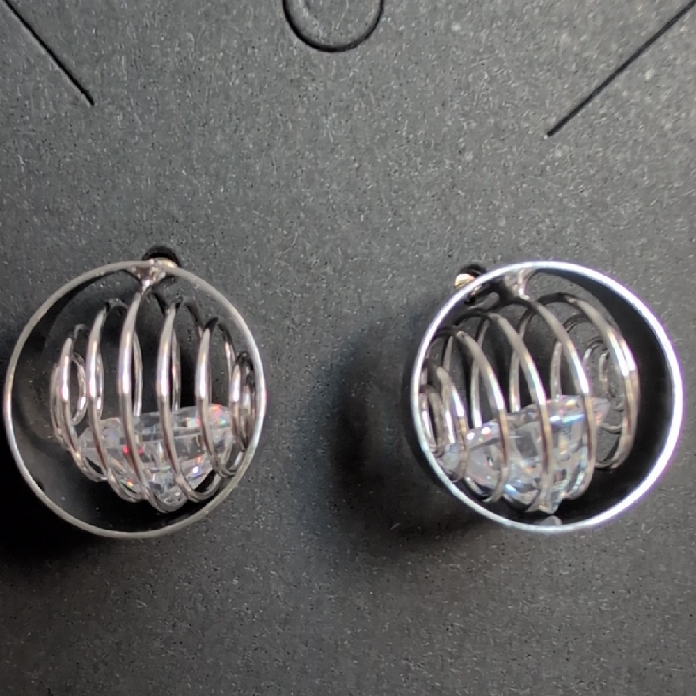 14K White Gold Plated Cubic Zirconia Cage Stud Earrings